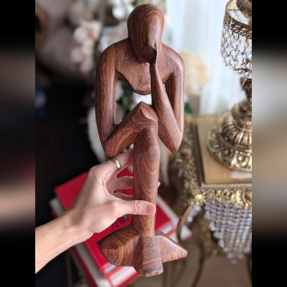 Contemplative Wooden Sculpture Thinking Solid Wood Vintage Contemporary - Picture 3 of 5